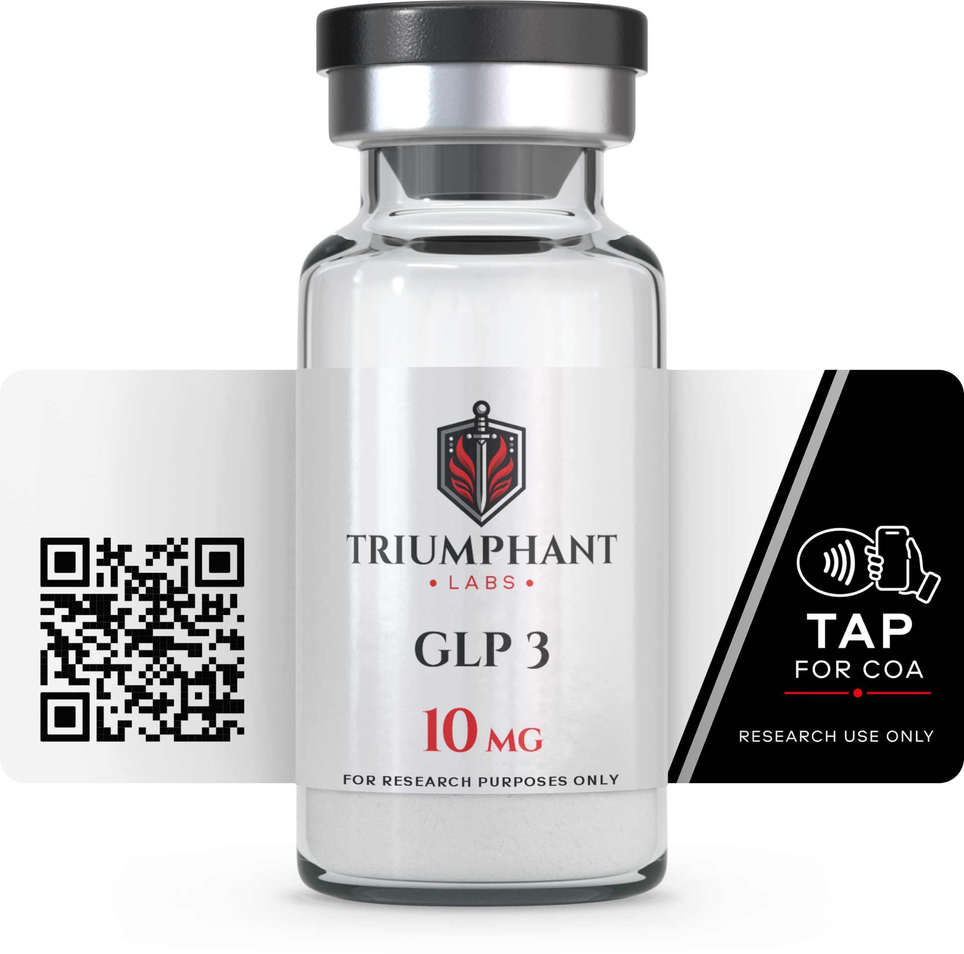 Triumphant Labs GLP-3 10mg research peptide vial with NFC-enabled COA label