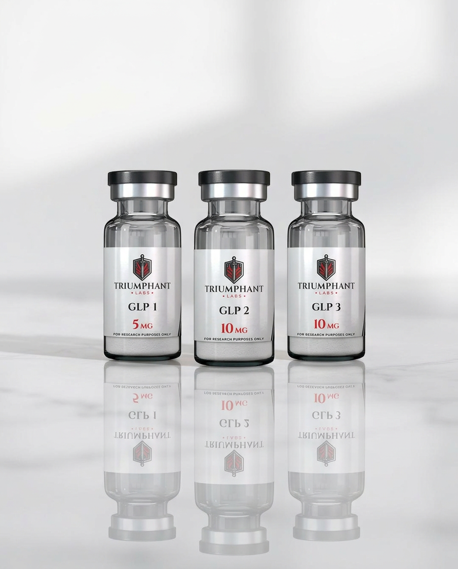 Premium research peptide vials on a glass tray
