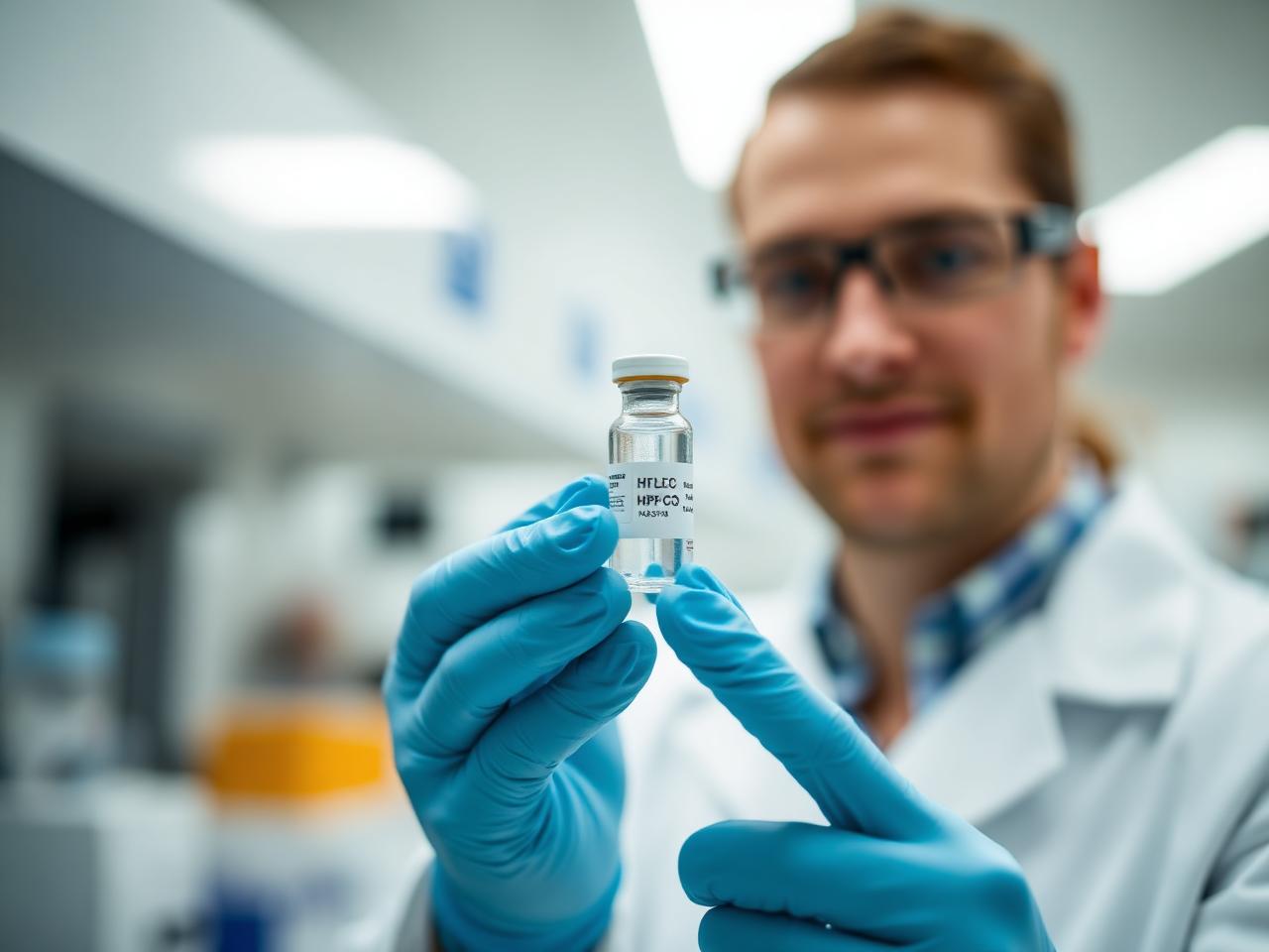 Researcher inspecting peptide vial under HPLC lab lighting